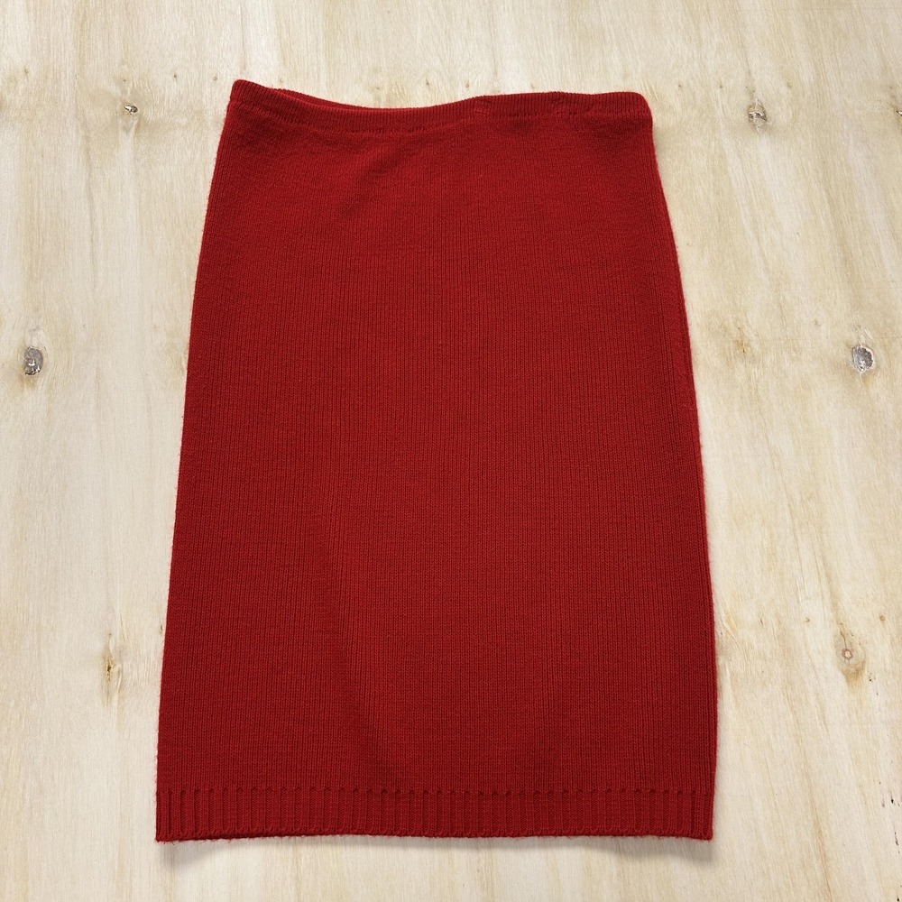 Vintage 90s Red Knit Skirt Womens Medium Solid Pencil Midi Stretch Pull On USA